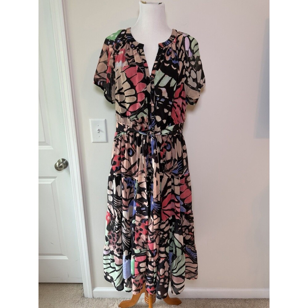 Wayward Fancies eShakti Butterfly Print Tiered Midi Dress With Pockets 1X /18W